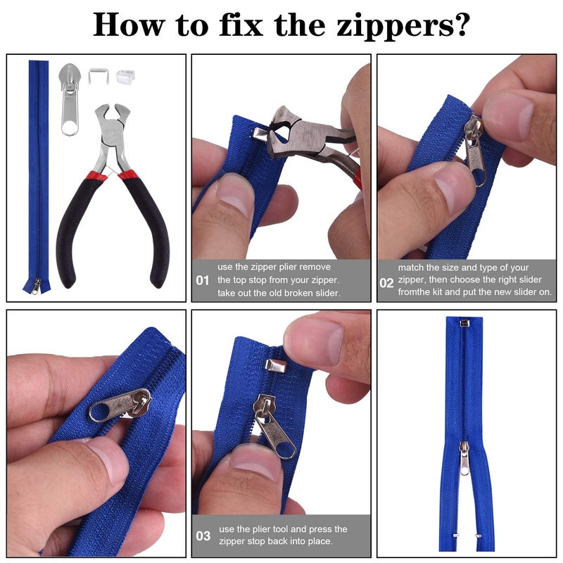 Tuparka 211 Pcs Zipper Repair Kit with Zipper Install Plier for DIY Bags, Luggage, Backpacks, Silver and Black - Image 5